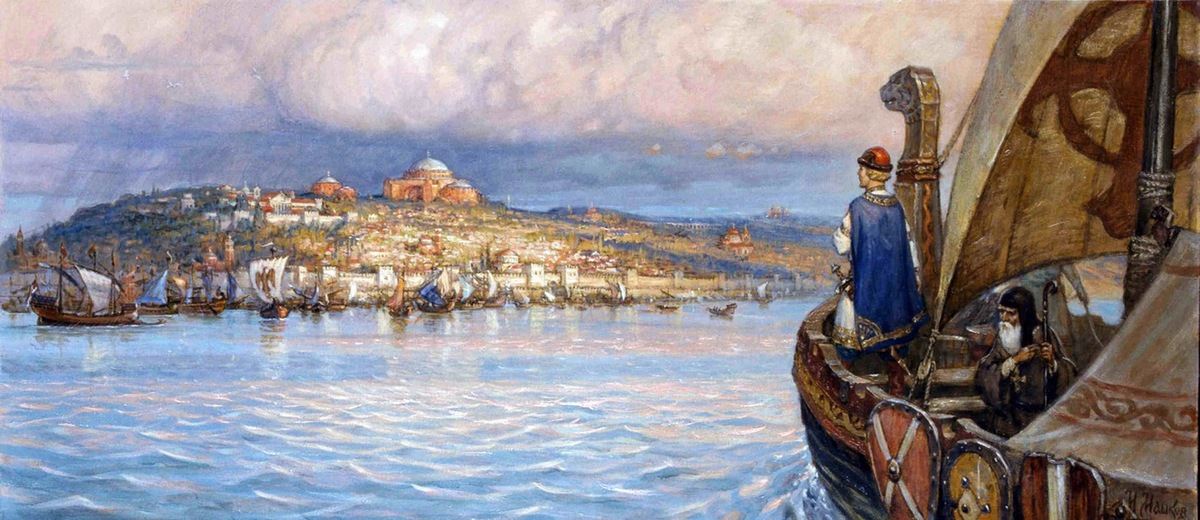 древнерусский князь на фоне войска и торговых кораблей