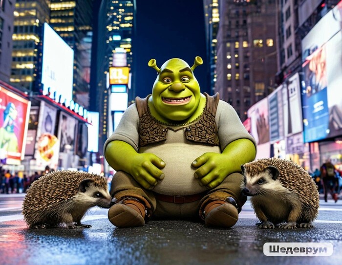 Действие третье. Шрек ничего не понимает, уже протрезвел. Похмелье. Где его друг кролик не понятно. Очнулся где то в Нью-Йорке в окружении ежей. Шреку стыдно.
