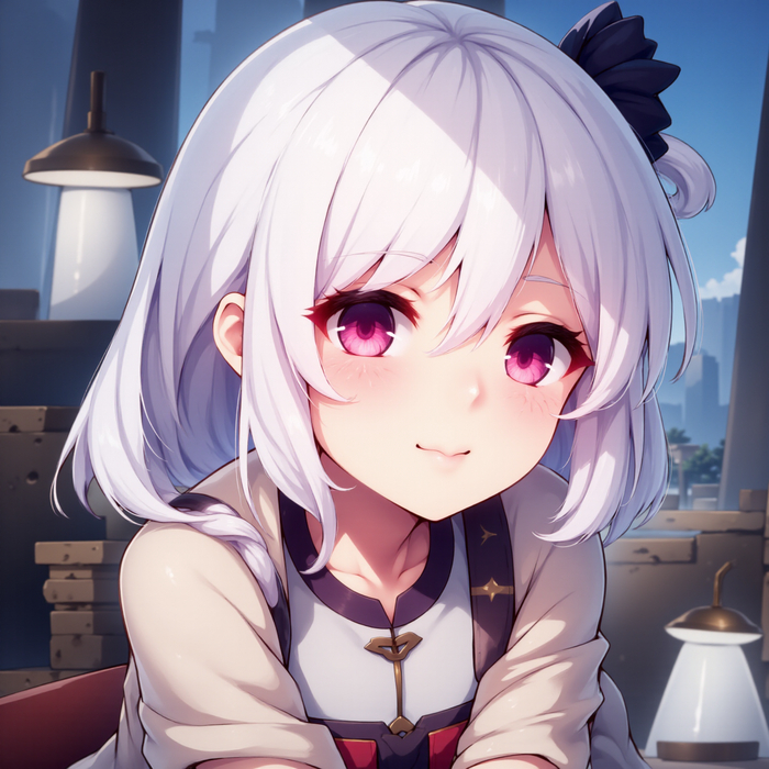 Promt: a girl with white hair and pink eyes is looking at something in the distance with around her neck, white hair, a character portrait