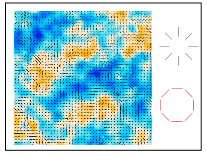 Фрагмент нового изображения, на котором показаны направления колебаний (или поляризации) излучения. Увеличение справа на 10 градусов.
