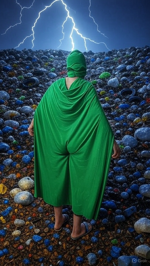 Герой борьбы с мусором Чистомен - стоит спиной к нам, лицом к свалке, как супергерой перед битвой. Его силуэт в тумане, освещенный молнией, кричит: 'Мусор, я иду за тобой!' А мы, зрители, в восторге от его попы. Эпично, не правда ли?