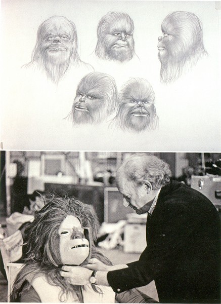 Рисунок Стюарта Фриборна и процесс работы над маской Чубакки.