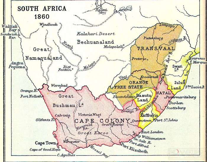 Южная Африка в 1860 году. На севере Трансвааля, кстати, бежит та самая река Лимпопо из сказки про Айболита.