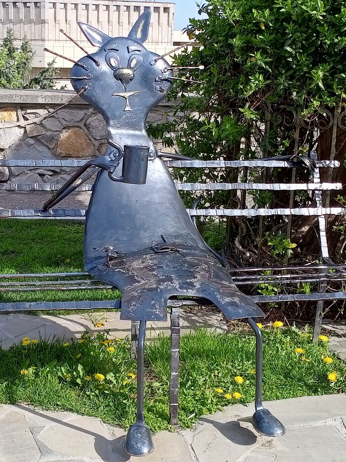 Скамейка с котом находится у санатория "Горный воздух" (г.Железноводск, Ставропольский край)