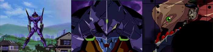 Ева-01. Голова Евы-01 крупным планом (вид спереди). Она же, но уже без брони (вид сбоку).