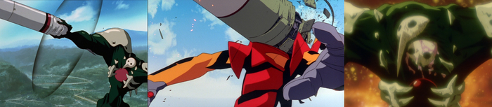 Ангел ловит рукой ракету, Ева ловит лицом ракету: последующая детонация никакого вреда не нанесла ни одному, ни другому. Ангел после прямого попадания N2-бомбы -- всё ещё жив и опасен.