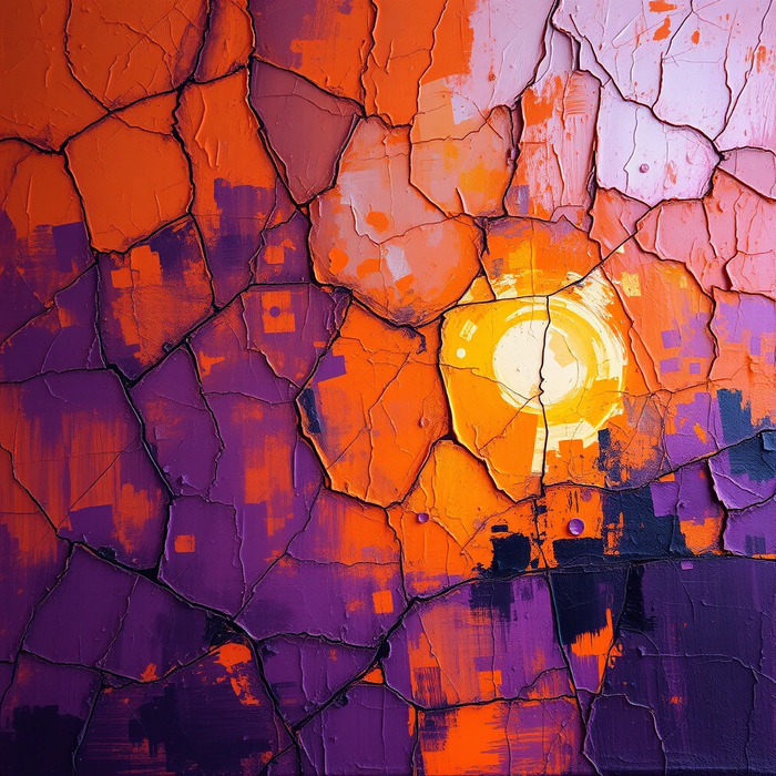 Expressionist painting with dramatic craquelure effect, thick impasto strokes with deep cracks, contrasting burnt orange and deep violet, Jackson Pollock meets Romantic landscape, dramatic atmospheric lighting