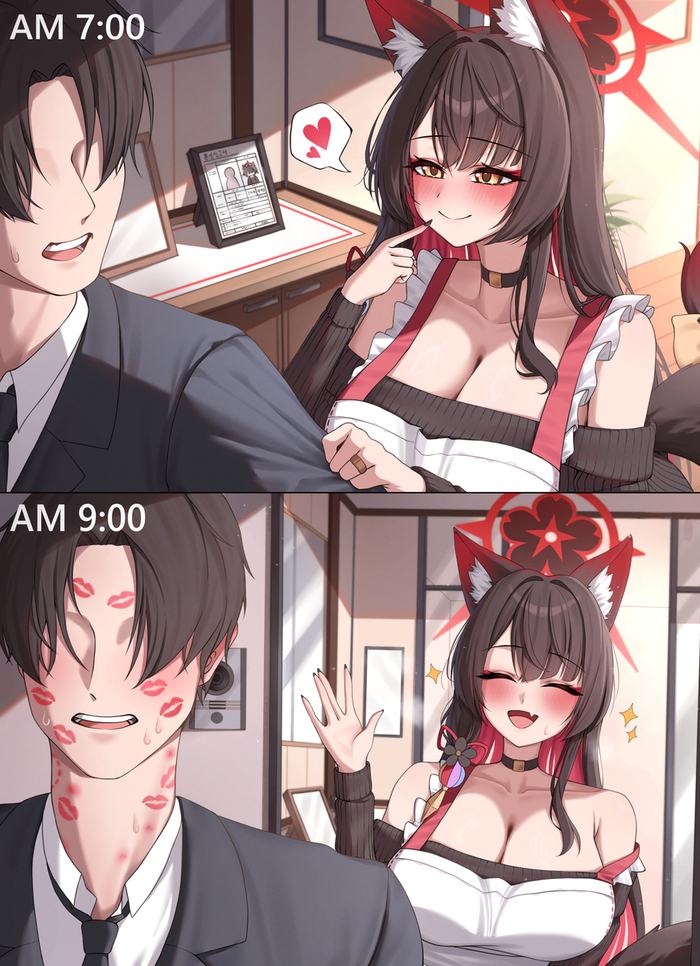   ? , Anime Art, Blue Archive, Kosaka Wakamo, Sensei (Blue Archive), Animal Ears, , --