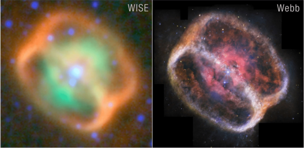 Два инфракрасных снимка NGC 1514. Слева — снимок, сделанный широкоугольным инфракрасным исследовательским телескопом NASA (WISE). Справа — более детализированное изображение, полученное космическим телескопом NASA «Джеймс Уэбб».