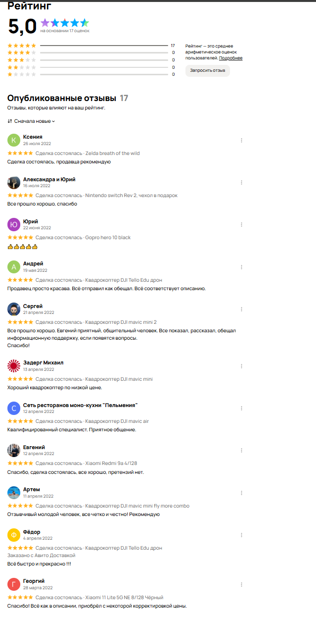 Скрин части отзывов с профиля. Я никогда никого не обманывал или что-то подобное.