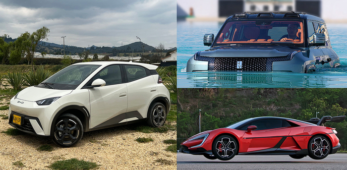 Слева - “народный” электрокар BYD Seagull. Справа - внедорожник-амфибия и “прыгающий суперкар” от YangWang.