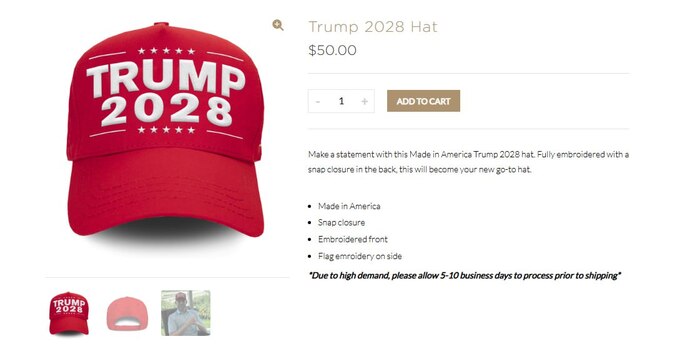 А еще Дональд начал продавать официальный мерч с надписью «TRUMP 2028». Предлагаю ему сразу еще заказать партию кепок с надписью «Голосуй за поправки в конституцию!», пригодится
