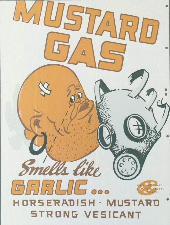 Надпись на плакате об иприте: «Горчичный газ. Пахнет как чеснок, хрен, горчица. Сильное нарывное действие». В англоязычных странах иприт называют горчичным газом из-за запаха, хотя он как бы и не газ, а жидкость