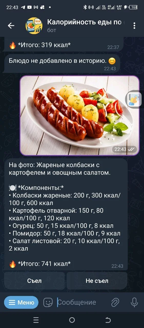 Telegram bot for analyzing calories from food photos - My, Chat Bot, Chatgpt, Telegram, Sports Tips, Calorie counting, Slimming, Is free, Longpost