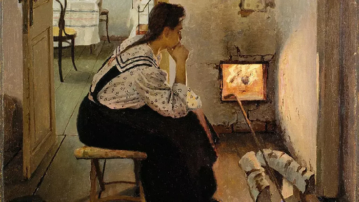 Думы у печки. Картина Я. Калиниченко, 1897 год