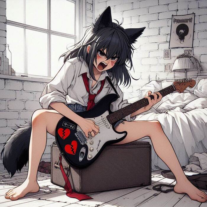Rox Fox и муки творчества Арты нейросетей, Аниме, Anime Art, Нейронные сети, Арт, Девушки, Кицунэ, Animal Ears, Хвост, Рок, Metal, Гитара, Ginger & White, Длиннопост