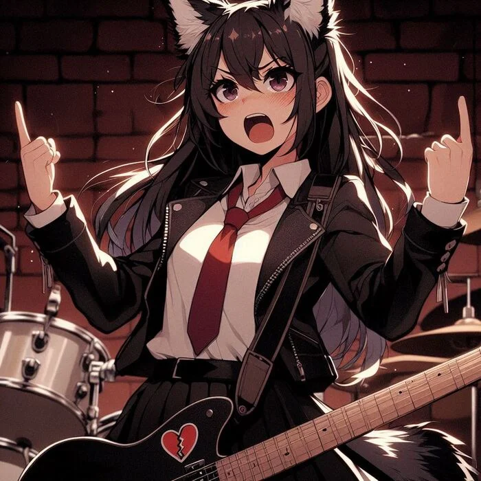 Rox Fox и муки творчества Арты нейросетей, Аниме, Anime Art, Нейронные сети, Арт, Девушки, Кицунэ, Animal Ears, Хвост, Рок, Metal, Гитара, Ginger & White, Длиннопост