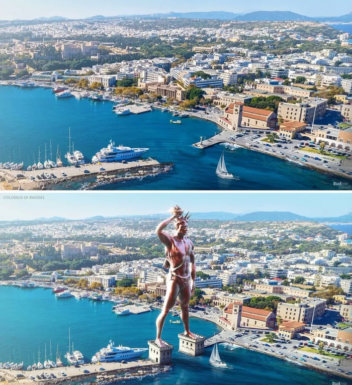 Колосс Родосский. Современный вид места и реконструкция статуи