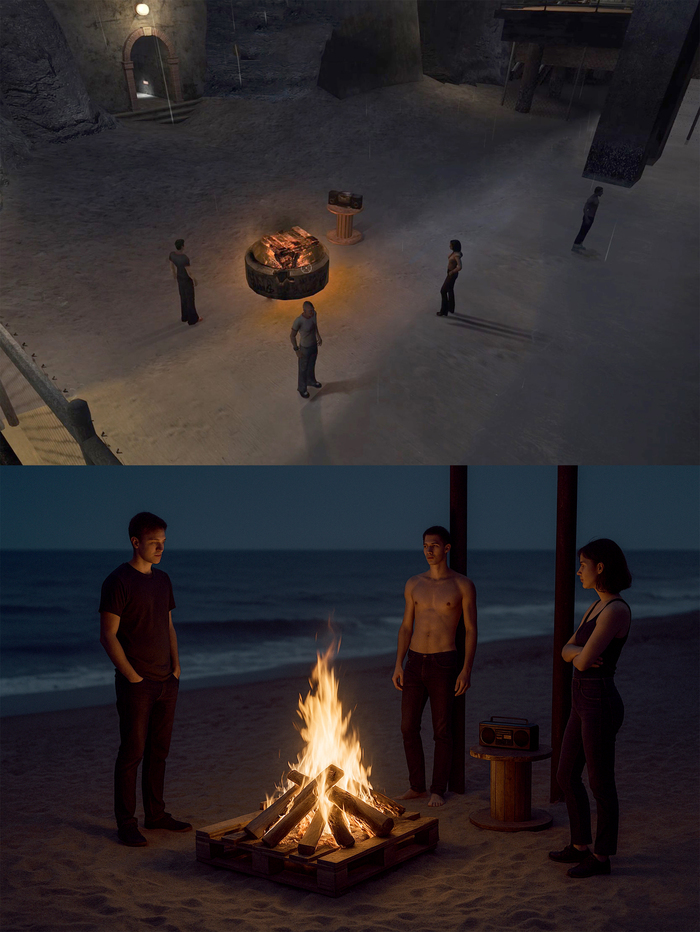 Ясно-понятно что схожести нет, но пусть будет. Как описать промпт на пляж с этими ребятами я так и не придумала🤷‍♀️