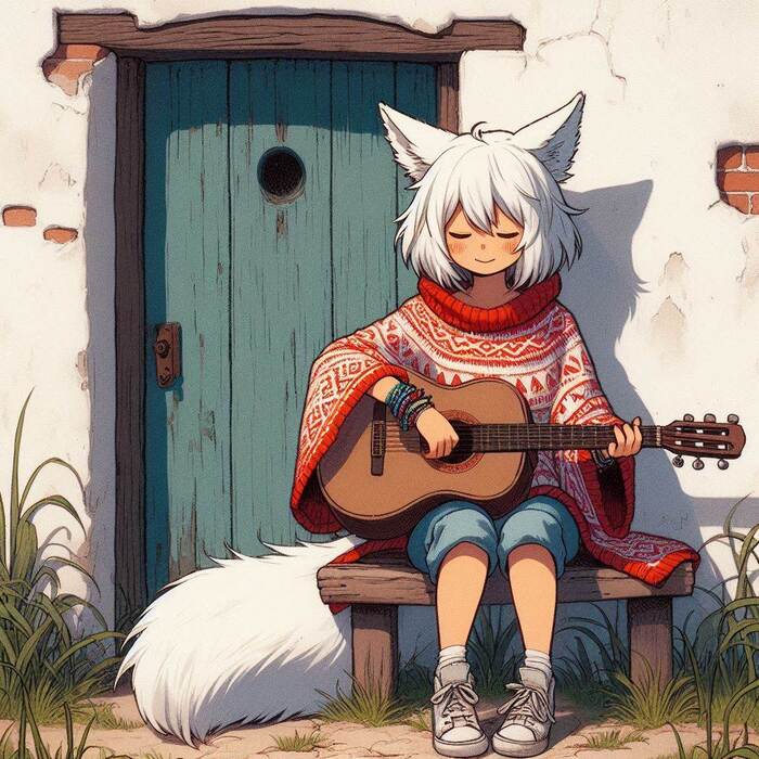 Вдохновение Арты нейросетей, Anime Art, Аниме, Арт, Нейронные сети, Девушки, Original Character, Кицунэ, Animal Ears, Хвост, Гитара, Ночь, Вдохновение, Ginger & White, Длиннопост
