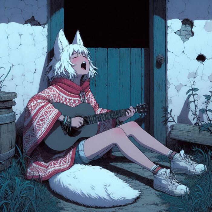 Вдохновение Арты нейросетей, Anime Art, Аниме, Арт, Нейронные сети, Девушки, Original Character, Кицунэ, Animal Ears, Хвост, Гитара, Ночь, Вдохновение, Ginger & White, Длиннопост