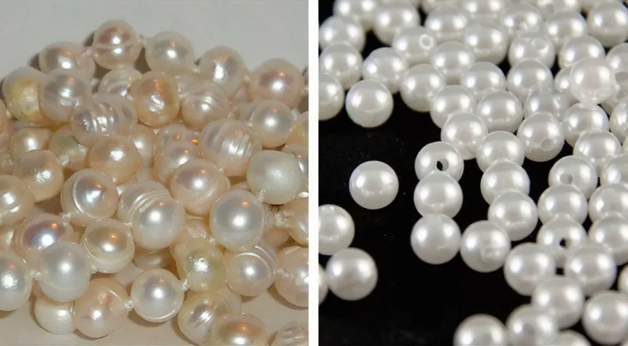 Слева — культивированный жемчуг, справа — искусственный