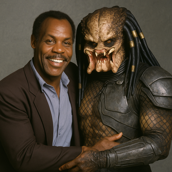 Просил Dall-E несколько раз сгенерировать подобное изображение, отказывался от авторских прав. Когда пообщался с ним на тему того, что Харриган и Хищник могли бы подружиться, он сам предложил сгенерировать изображение. Вышло немного криво, но забавно.