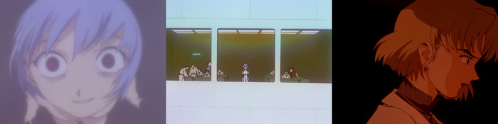 Жутка Рей I. Обратите внимание на цвет волос Рицко (женщина позади левого разделителя). "Я думаю, что Ева-00 пыталась убить меня"