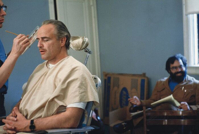 Марлон Брандо на гриме во время сьёмок фильма "Крестный отец", Нью-Йорк, 1971 г.