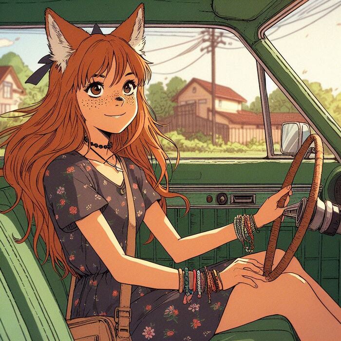 Электричество! Арты нейросетей, Аниме, Anime Art, Девушки, Арт, Original Character, Кицунэ, Animal Ears, Хвост, Рыжие, Веснушки, Гитара, Поездка, Фенечка, Ginger & White, Длиннопост