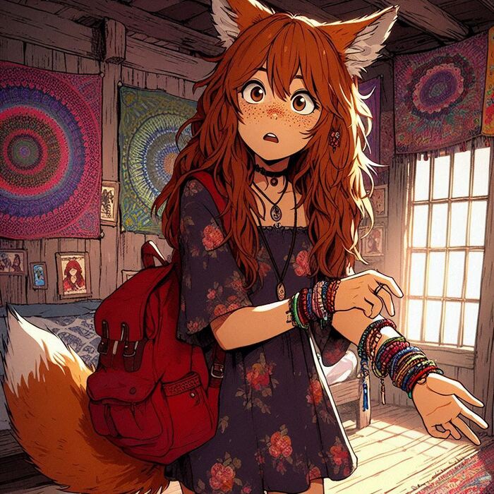 Электричество! Арты нейросетей, Аниме, Anime Art, Девушки, Арт, Original Character, Кицунэ, Animal Ears, Хвост, Рыжие, Веснушки, Гитара, Поездка, Фенечка, Ginger & White, Длиннопост