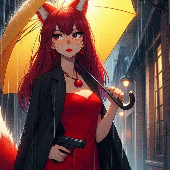 Мона и дождь Арты нейросетей, Аниме, Anime Art, Арт, Девушки, Original Character, Кицунэ, Animal Ears, Хвост, Ночь, Дождь, Нуар, Ginger & White, Длиннопост