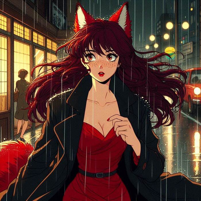 Мона и дождь Арты нейросетей, Аниме, Anime Art, Арт, Девушки, Original Character, Кицунэ, Animal Ears, Хвост, Ночь, Дождь, Нуар, Ginger & White, Длиннопост