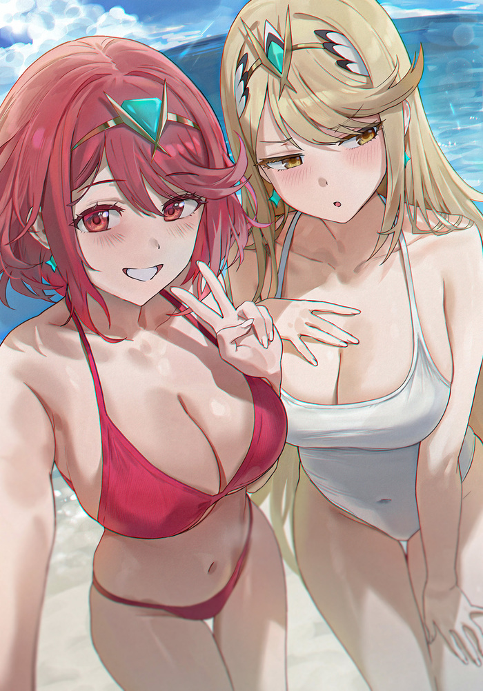 Mythra  Pyra , Anime Art, Xenoblade, Mythra, Pyra, , , , , , One-piece swimsuit, , ,  