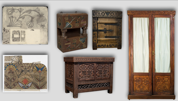 Эскизы Елены Поленовой и изделия Абрамцевской столярной мастерской. Работы сделаны по эскизам Е.Д. Поленовой и Н.Я. Давыдовой