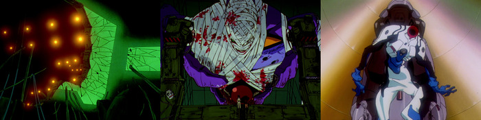 Разрушенный комадный центр (персонал перейдёт в резервный). Ева-01. Пустая контактная капсула -- есть только комбинезон, пилота нет.