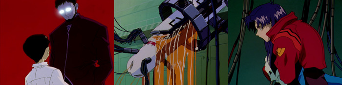 Одно из видений Синдзи во время эксперимента. LCL выплескивается из капсулы. Мисато плачет над комбинезоном.