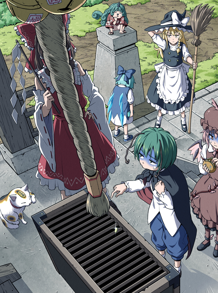   Touhou, Hakurei Reimu, Kirisame Marisa, Cirno, Wriggle Nightbug, Mystia Lorelei, Komano Aunn, Inuno rakugaki, Anime Art, Game Art, , 