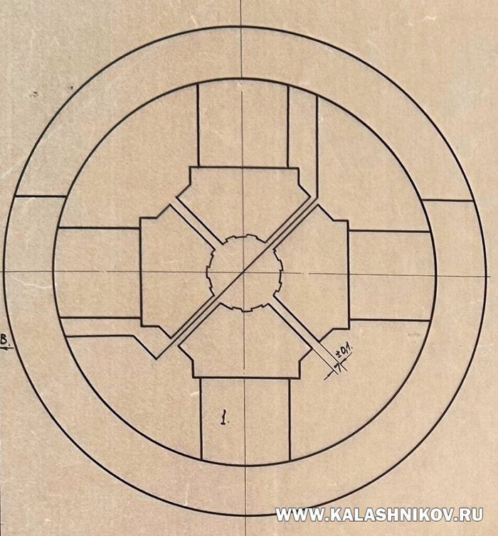Поперечное сечение ствола БК 25/150 орудия МЭО-60 (в нарезном варианте). ВИМАИВиВС
