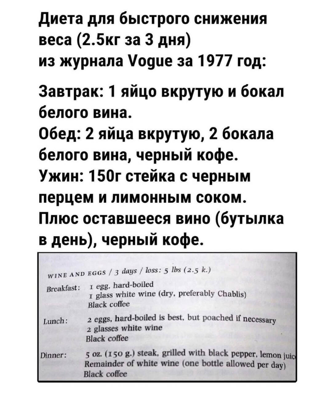 Диета 1977 года из журнала Vogue. Ингредиентов много не потребуется, да и блюда незамысловатые - Кулинария, Диета, Правильное питание, Vogue, Яйца, Вино, Белое вино, Стейк, Кофе, Повтор