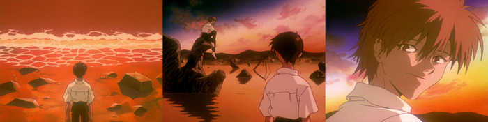 Синдзи на берегу "озера". Мальчик сидит на руинах. "Пение -- высшее достижение цивилизации, созданное Лилим"