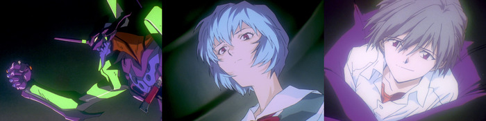 Ева-01 сжимает в руке Каору. Рей наблюдает за происходящим. Каору смотрит на Рей и улыбается ей.