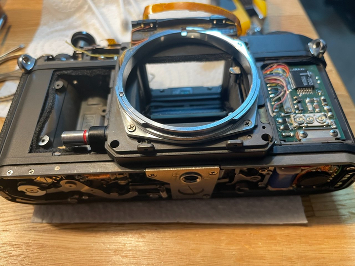 Интересно кстати решена система динамика-пищалки для автоспуска - латунная панелька левой щеки имеет какой-то элемент приклеенный, который проводком припаиватся к плате. Т.е. пищалка интегрирована в саму накладную деталь корпуса.