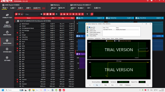 после замеры при том же тесте, температура мееделно доползла до 70,6 градусов и замерла на м