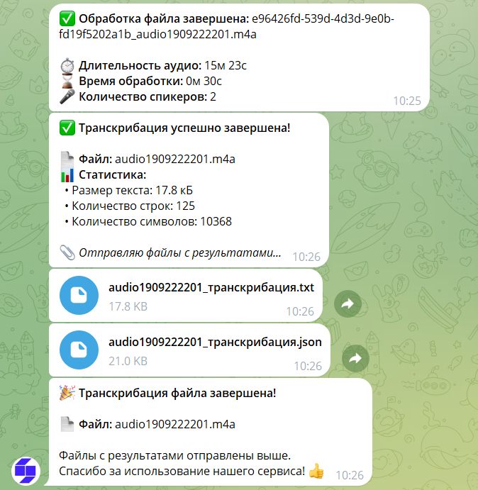 Результат транскрибации в боте.