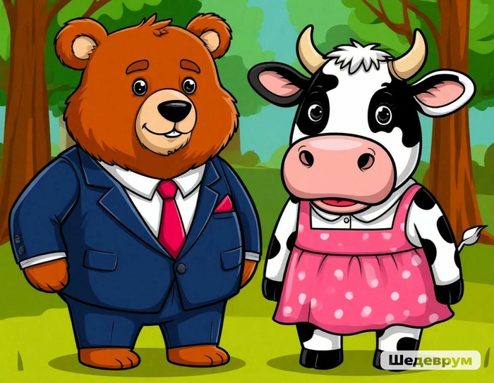 Иллюстрация нейросети к басне Олеси Емельяновой «Медведь и корова».