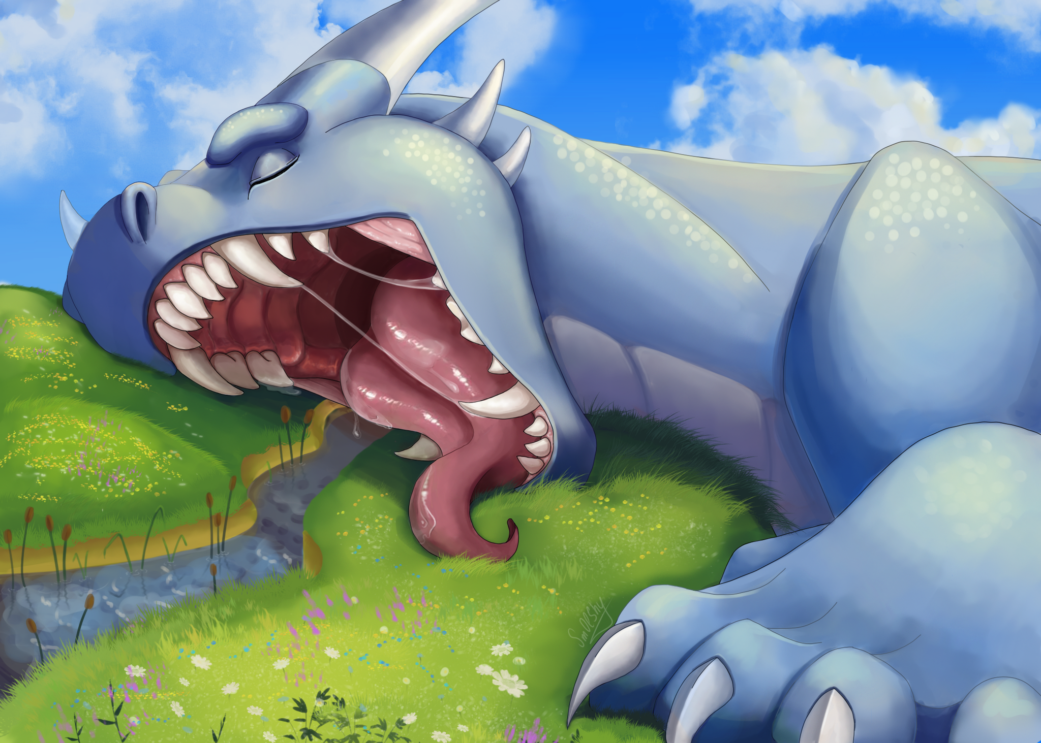 Source - Art, The Dragon, Vore, Mawshot, To fall, Language, Drooling, Dragon's mouth, Digital drawing, Dream, Stream, Meadow