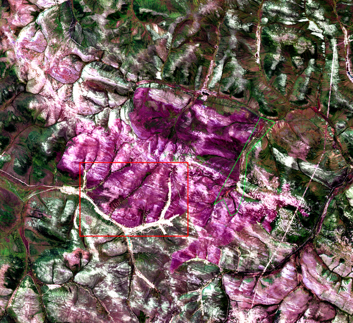 Зеленый контур - Хлебопек. Красный контур - отработанные россыпи рек Анангра с притоками