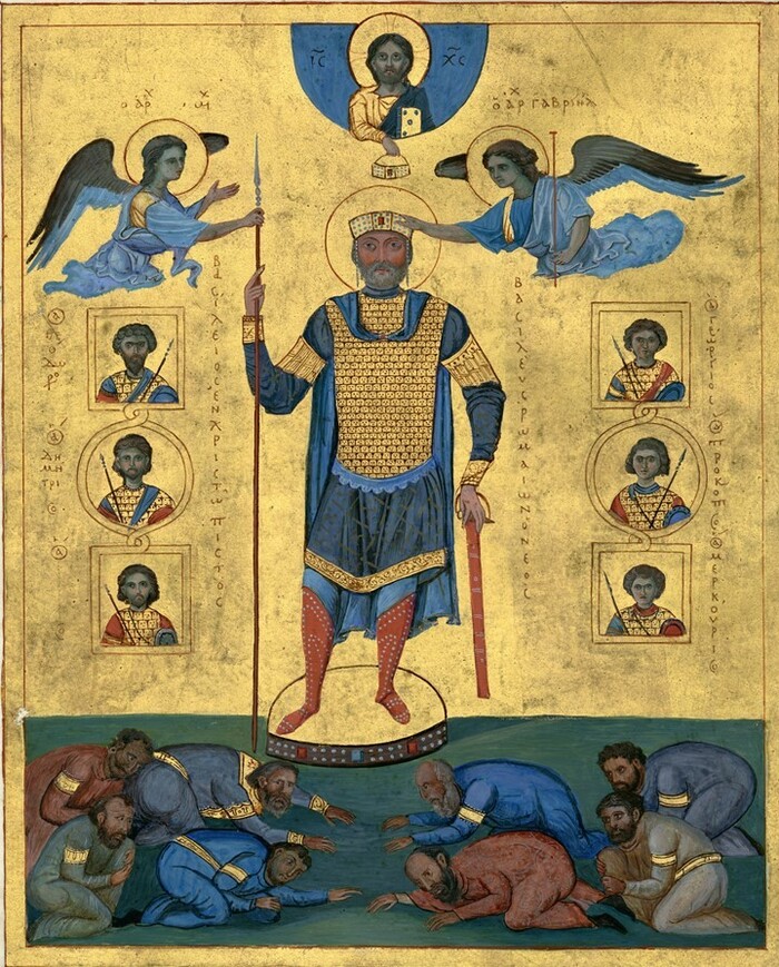 Василий II Болгаробойцы, изображение на византийской миниатюре XI века. Внизу - поверженные болгары.