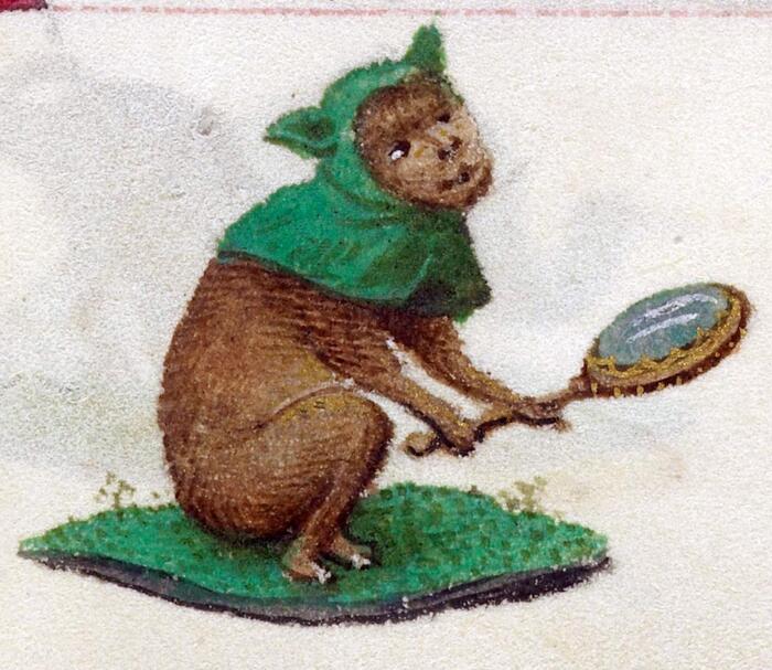 Обезьяна с зеркалом. "Часослов Хуаны Безумной", Брюгге, 1486-1506 гг. Британская библиотека.